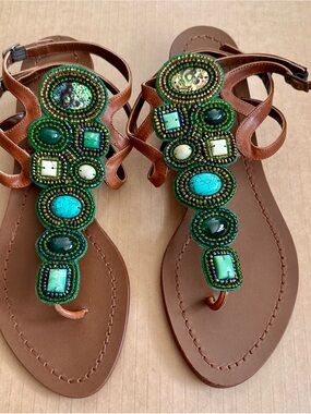 Sigerson Morrison Brown Nolan T-strap Sandals With Turquoise Beaded Stones
